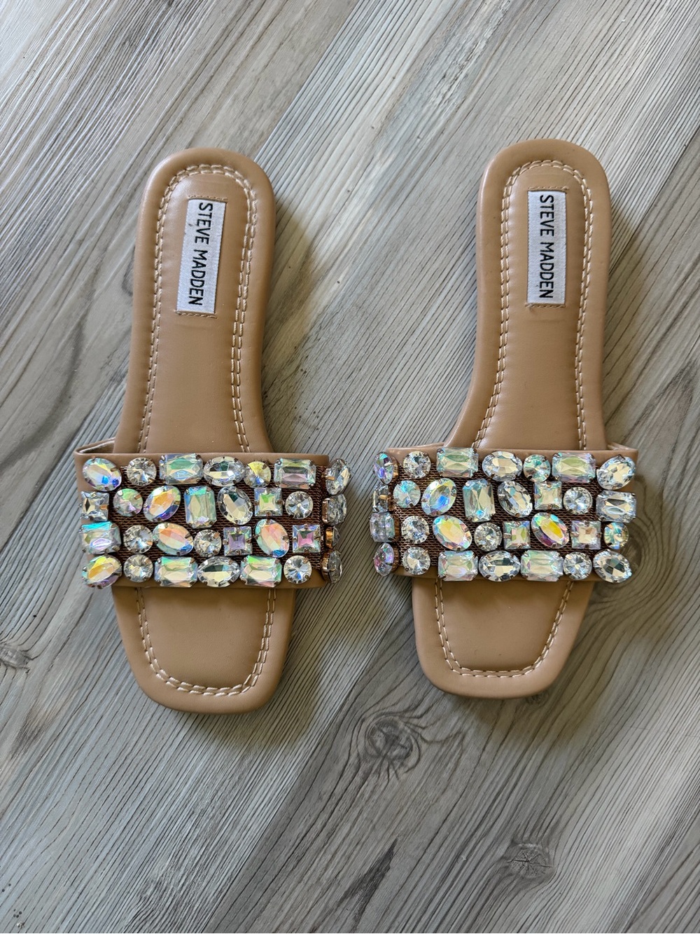 Steve Madden Malina GemstoneRhinestone Slide Sandals TanIridescent Bling 7.5M